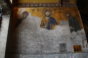 The Deësis mosaic, in the Aya Sofya, probably dates from 1261. It was commissioned to mark the end of 57 years of Roman Catholic use and the return to the Orthodox faith. It is widely considered the finest in Hagia Sophia. In this panel the Virgin Mary and John the Baptist, both shown in three-quarters profile, are imploring the intercession of Christ for humanity on Judgment Day.